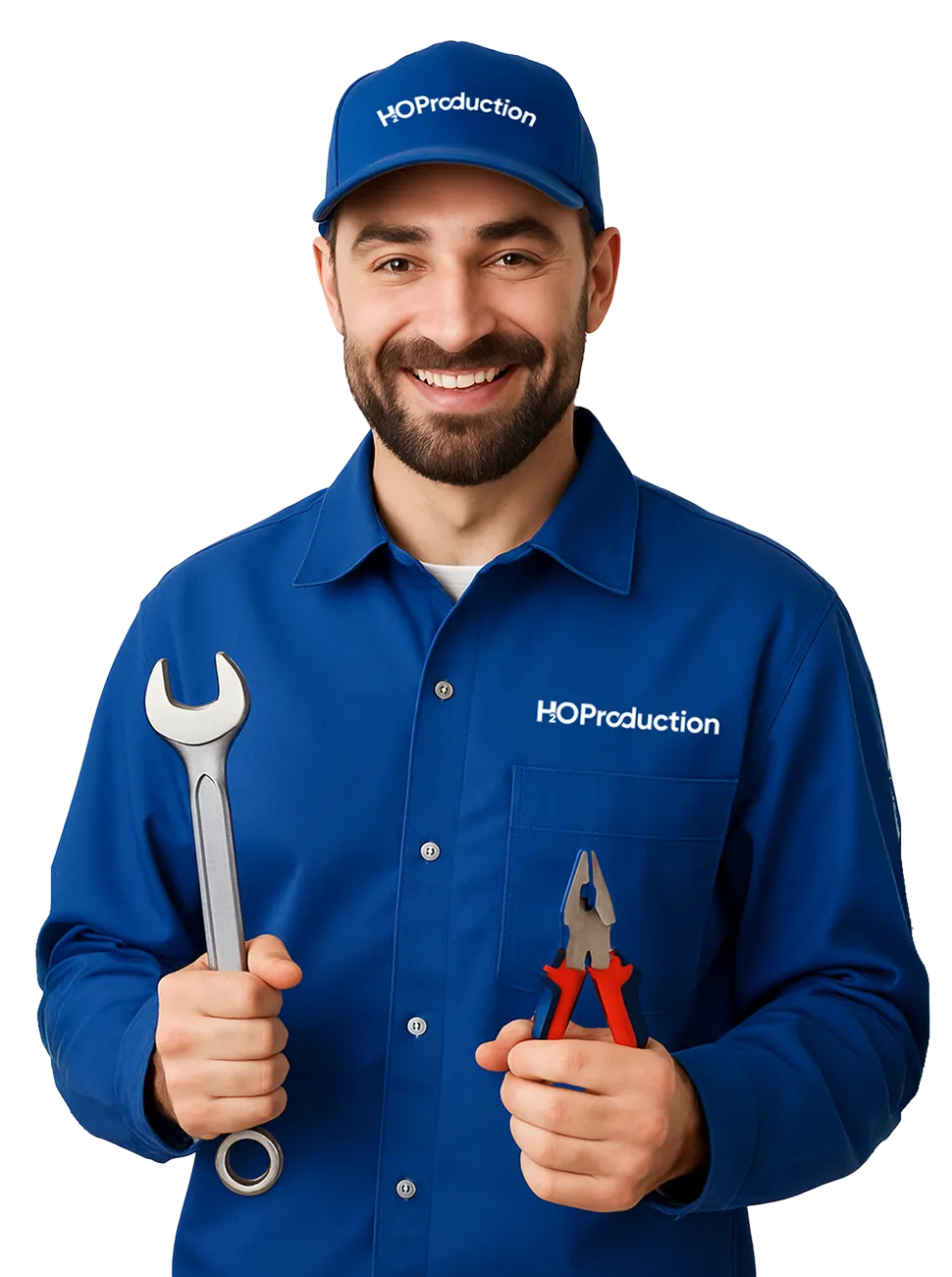 h2o-production-technicien-maintenance-eau Visuel Technicien H2O Production souriant habillé d'une blouse bleu avec le logo, outils en main